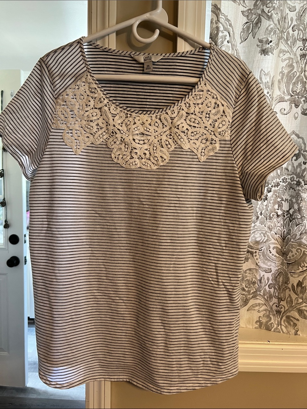 White and Navy Striped Short Sleeve Top with Lace Yoke